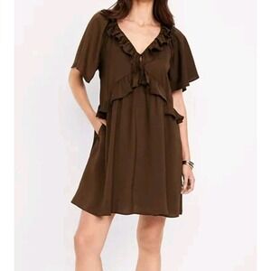 OLD NAVY Size Large Brown Satin Flutter Sleeve Ruffle Trim V-Neck Mini Dress NWT